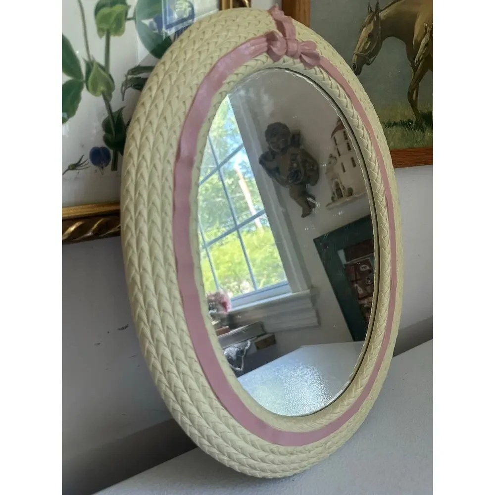 Vintage Oval Nursery Mirror Pink Bow Woven Frame Home girls wall cottage cute